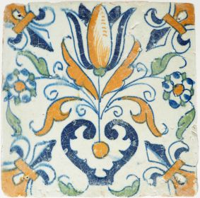 Antique Delft polychrome tile with tulip heart design, 17th century