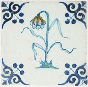 Antique Delft tile with polychrome flower, 17th century