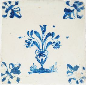 Antique Delft tile with blue flower vase, 17th century