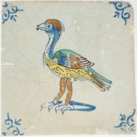 Antique polychrome tile with bustard bird, 17th century