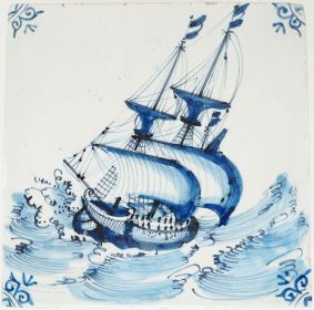 Delft tile depicting a VOC ship in a rough sea, Harlingen ca. 1660, with ox-head corners in blue.