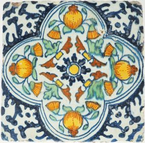 Antique Delft polychrome tile with pompadour, 17th century