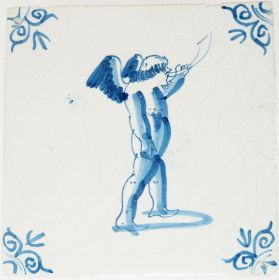 Antique Delft tile of Cupid blowing a horn, 17th century