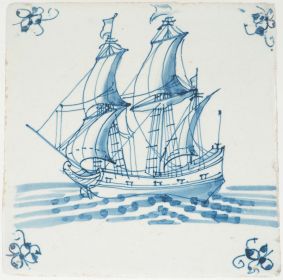 Antique Delft tile with blue ship under full sail, 17th century
