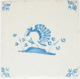 Antique Delft tile with blue turkey, 17th century