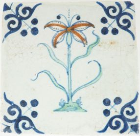 17th century Delft tile with stylised flower and three-dot ox-head corners, Rotterdam