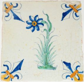 Antique Delft tile with polychrome narcissus, 17th century
