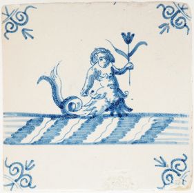 Antique Delft tile with mermaid holding a tulip, 17th century