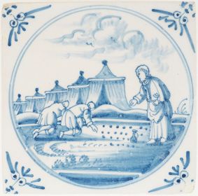 Antique Delft tile with biblical scene of manna from heaven, 18th century