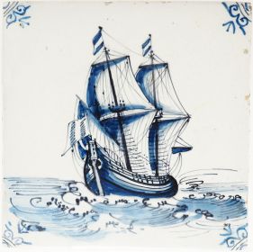 Antique Delft tile with Fluyt ship, 17th century