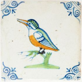 Antique Delft tile with polychrome kingfisher on a branch, 17th century