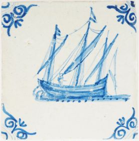 Antique Delft tile with cargo boat, 17th century