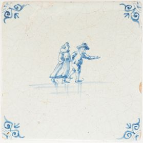 Antique Delft tile ice skaters in blue, 17th century