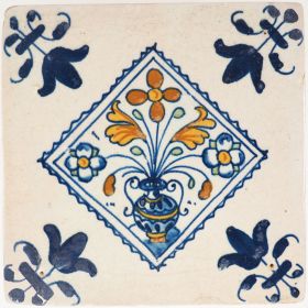 Antique Delft tile with polychrome flower vase, 17th century