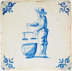 Antique Delft tile of a merchant weighing goods, 17th century