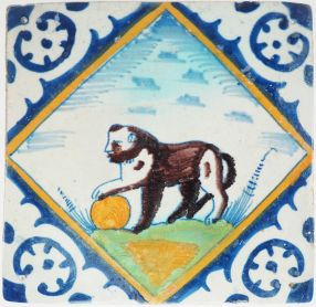 Antique Delft tile with polychrome lion, 17th century