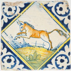 Antique Delft tile with a polychrome leaping horse, 17th century