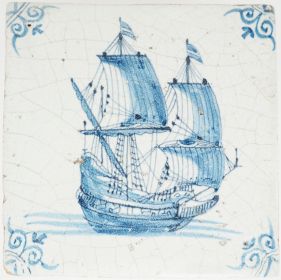 Antique Delft tile showing a war ship under sail, 17th century