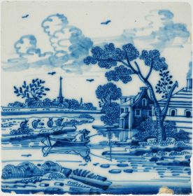 Antique Delft tile showing a man fishing in a boat, 18th century