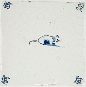 Antique Delft blue tile depicting a cat, 17th century