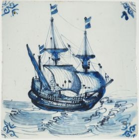 Antique Delft blue tile with a Fluyt ship, 17th century