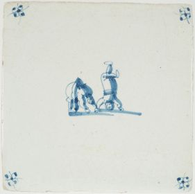 Antique Delft blue tile showing two children performing handstands, 17th century