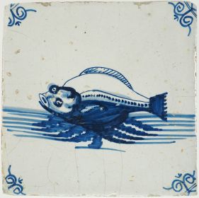 Antique Delft blue tile showing a flatfish, 17th century