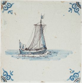 Antique Delft tile with a dogger boat, 17th century