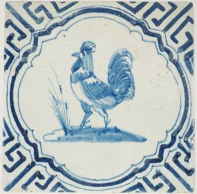 Antique Delft tile with a rooster, 17th century