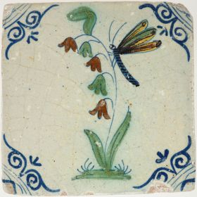 Antique Delft polychrome tile with a dragonfly on lily-of-the-valley, 17th century