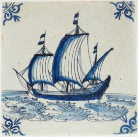 Antique Delft blue tile with a ship under sail, 17th century