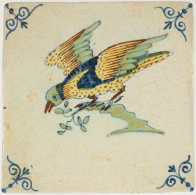 Antique Delft polychrome tile with a bird on a branch, 17th century