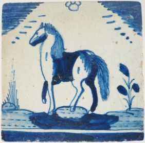 Antique Delft blue Rotterdam Open Air tile showing a horse, 17th century