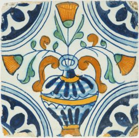 Antique Delft polychrome tile with a flower vase,17th century