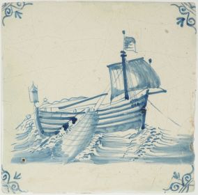 annttiqudfdfDelft blue tile showing a herring buss with crew hauling fishing nets, with ox-head corner motifs and restored corners.