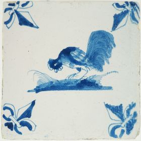 Antique Delft tile in blue with a rooster, 17th century