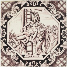 Antique Delft wall tile in manganese depicts the descent from the Cross, 19th century