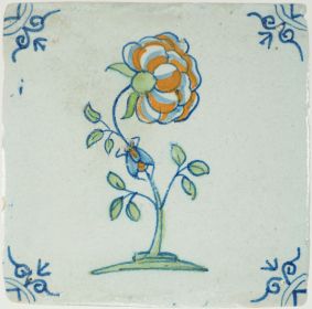 Antique Delft tile with a polychrome rose and insect, 17th century
