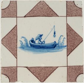 Antique Delft tile with a fisherman in a boat, 18th century