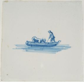 Antique Delft tile in blue showing a cow being transported in a boat, 17th century