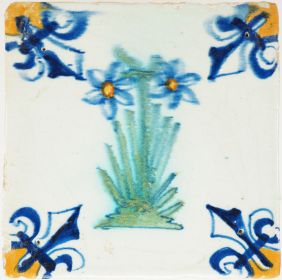 Antique Delft tile from Gouda with narcissus flower, 17th century