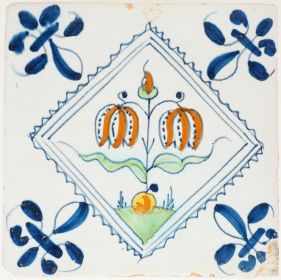 Antique Delft tile with fritillaria flower in a diamond square, 17th century