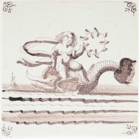 Antique Delft tile with Putti seated on a dolphin holding a laurel wreath, 17th century