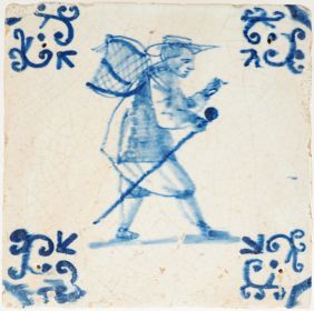Antique Delft tile with a blue-painted traveller carrying a bundle and staff, 17th century