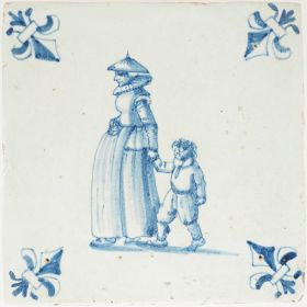 Antique Delft tile depicting a woman walking while holding a child’s hand, 17th century