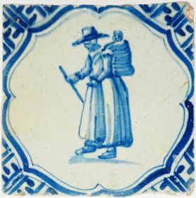 Antique Delft tile with a mother carrying a child in blue, 17th century