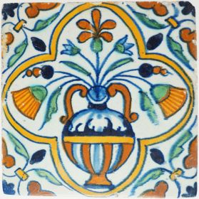 Antique Delft tile with a polychrome flower vase in blue, orange and green, 17th century