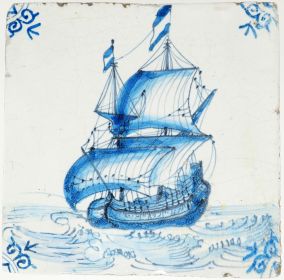 Antique Delft tile with a Fluyt ship sailing in blue, 17th century
