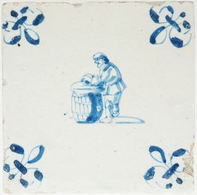 17th-century Dutch tile showing a paint maker standing on a wooden barrel, circa 1650.