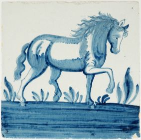 Antique Delft tile from Harlingen with a Friesian horse in blue, 18th century